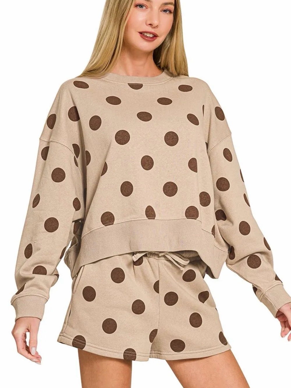 Zenana Outfitters Beige Sweatshirt & Shorts Set with Brown Polka Dots